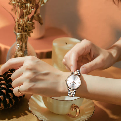 Timeless women's rose gold quartz wristwatch - stainless steel water-resistant minimalist round dial