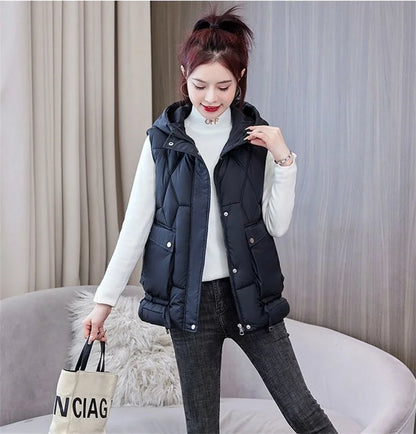 Warm Cozy Women Puffer Vest - Hooded Midlength, Winter