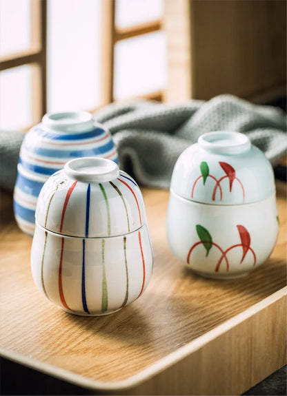 Handmålade japanska keramiska dessertskålar med lock, set