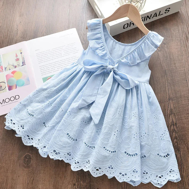 Lightweight and flattering girls' dress - bow-front, cotton eyelet fabric, party wear