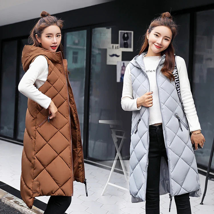 Lightweight Women's Long Puffer Vest - Hooded Cotton Winter