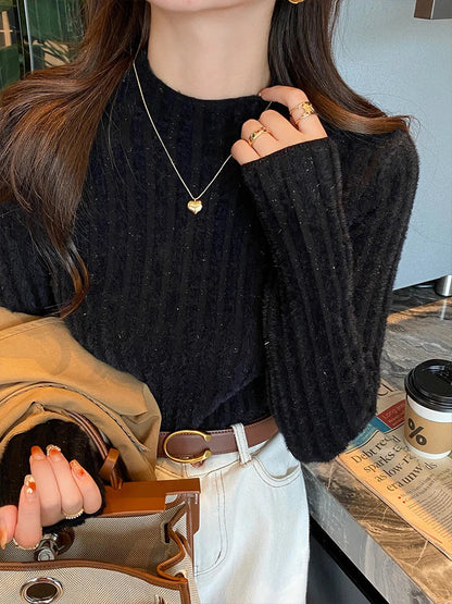 Blød Kvinde Mock Neck Sweater - Tætsiddende Ribstrikket, Strikket, Vinter