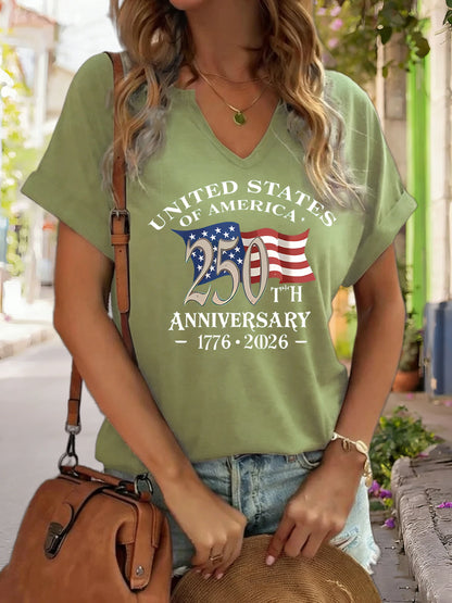 Soft women's graphic tee - V-neck, polyester-elastane blend, for USA 250th anniversary