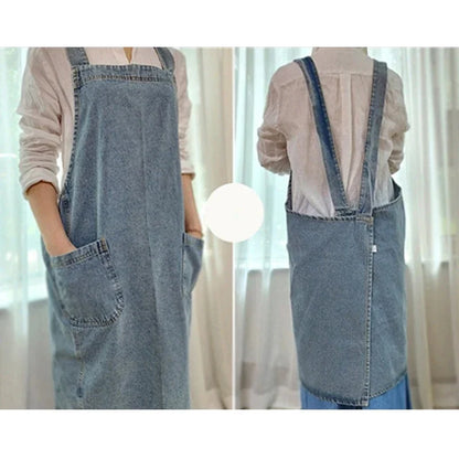 Denim Apron Washed Cotton Canvas Korean Dress Apron Fall 2025 Kitchen Garden Cooking Apron With Pockets