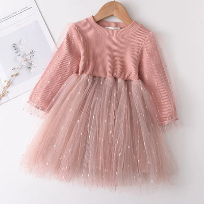 Soft Girls Dress – Long Sleeve Knee-Length, Floral Print, Cotton, Casual Autumn Wear