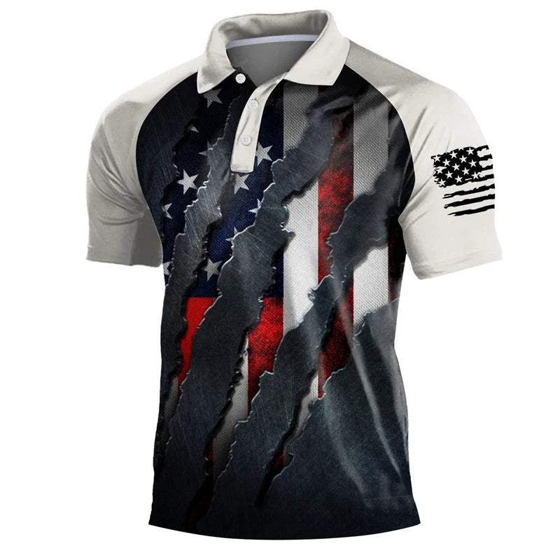 Breathable Men's Polo Shirt - Classic Polo, Distressed USA Flag Print, Athletic Wear
