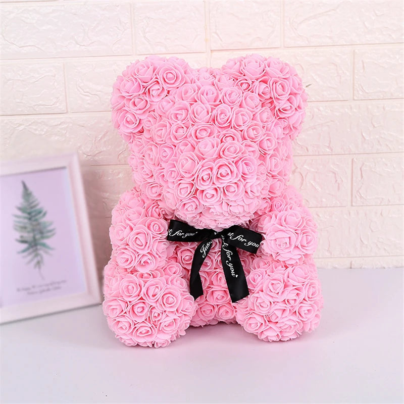 Faux Rose Teddy Bear with Gift Box and Lights - Romantic Anniversary or Valentine's Day Gift, Wedding Decor