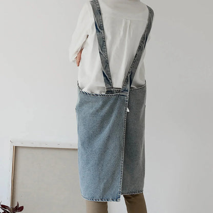 Denim Apron Washed Cotton Canvas Korean Dress Apron Fall 2025 Kitchen Garden Cooking Apron With Pockets