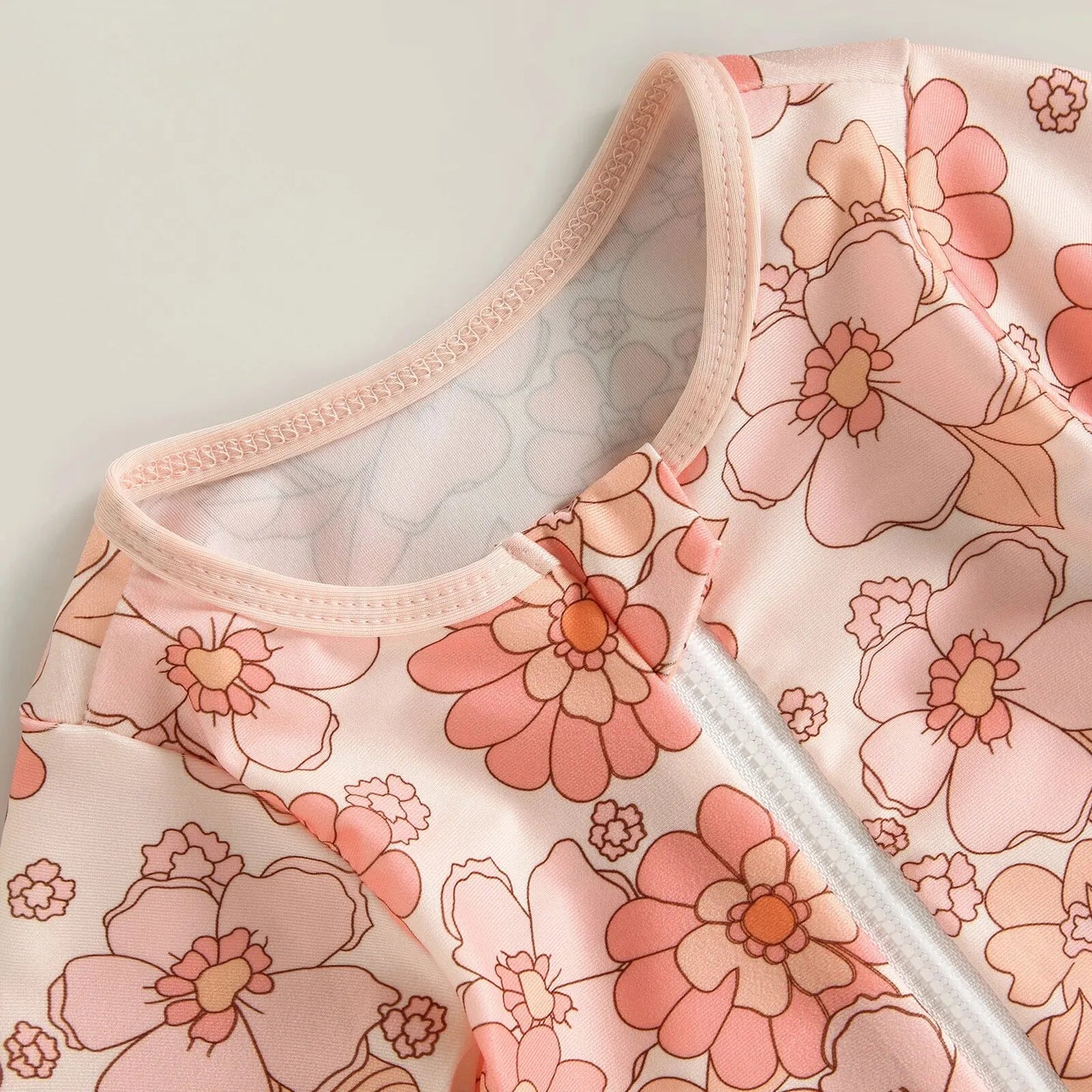 Let spædbarn pige badedragt heldragt – langærmet lynlås, flamingo blomsterprint, polyester, til sommer