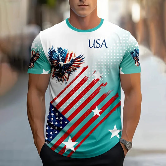 Soft men's tee - relaxed fit, 3D print patriotic eagle and flag graphic, casual wear