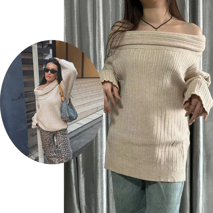 Oversized kvindesweater - Slidset krave med krave, ribstrikket til efteråret
