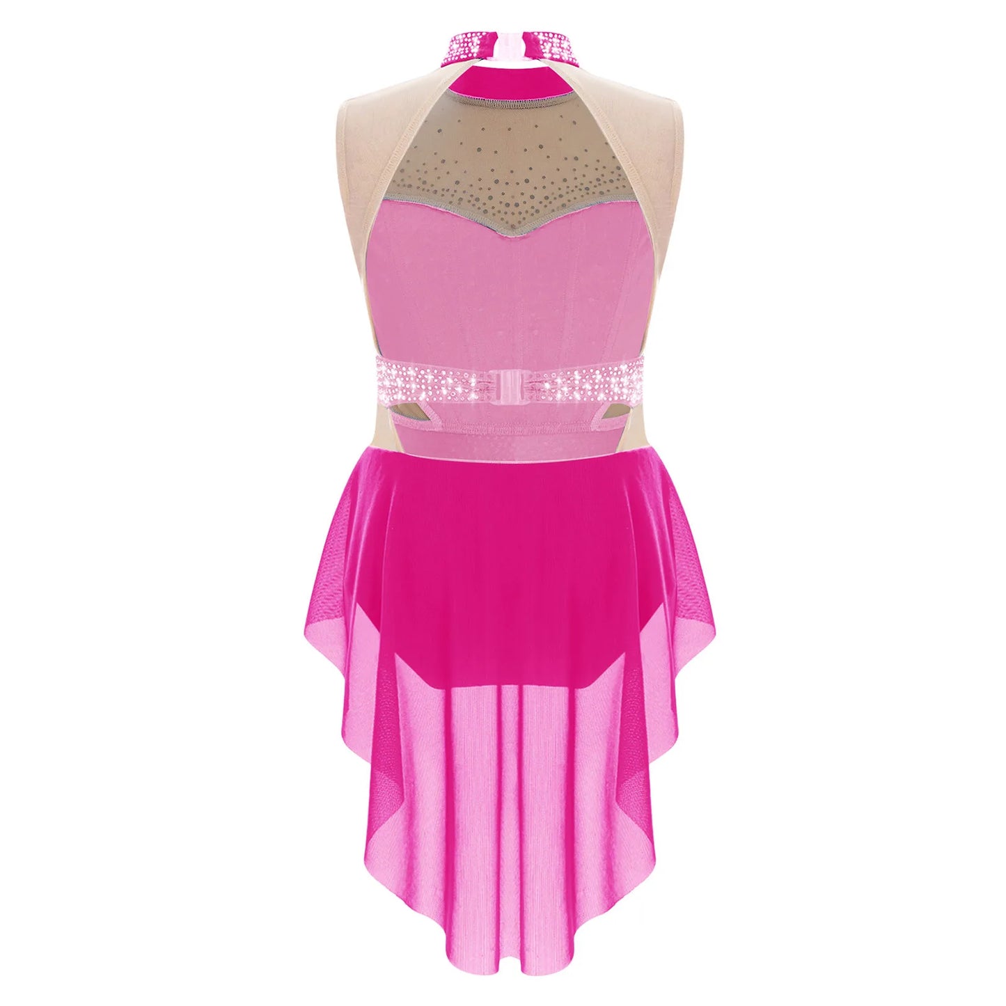 Stretchy girls' leotard - rhinestone mesh yoke, sleeveless, polyester, nylon, elastane, for lyrical dance performance