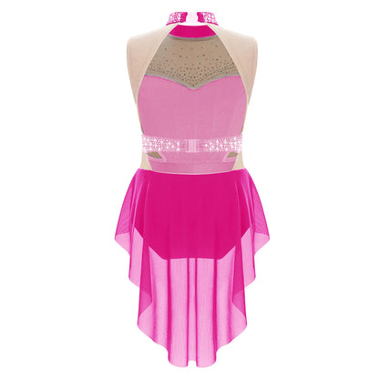 Stretchy girls' leotard - rhinestone mesh yoke, sleeveless, polyester, nylon, elastane, for lyrical dance performance