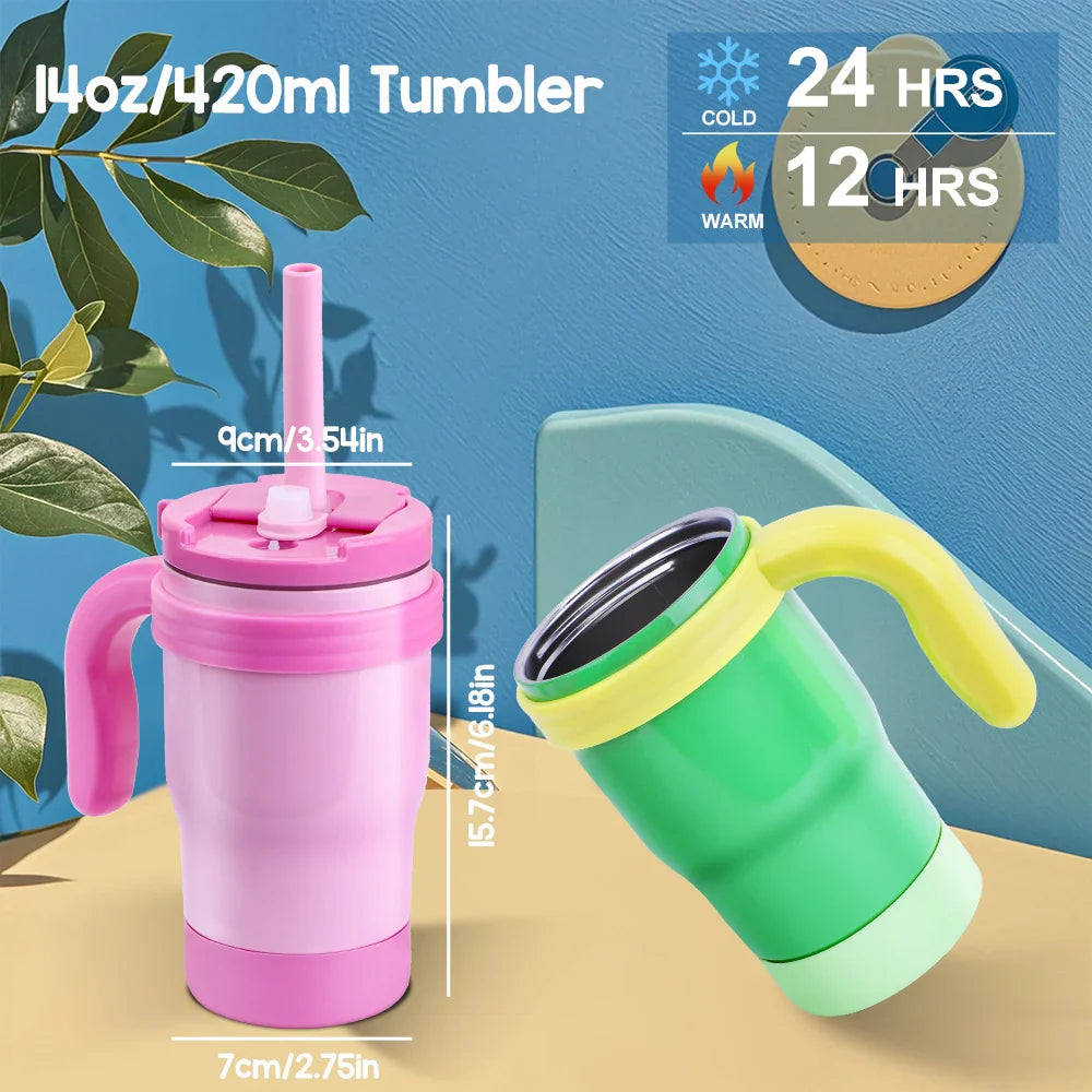 Botella Térmica para Niños 420ML Vaso Aislado de Acero Inoxidable con Asa y Pajilla, Regalo de Navidad 2025