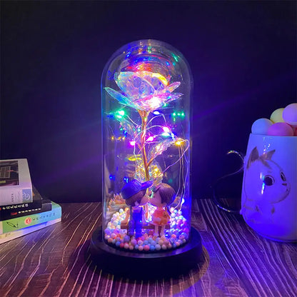 Rosa Galassia in Oro 24K con Luci LED – Scatola Regalo per la Festa della Mamma Fiore in Alluminio con Luci a Stringa e Scatola Fiore Artificiale Regalo