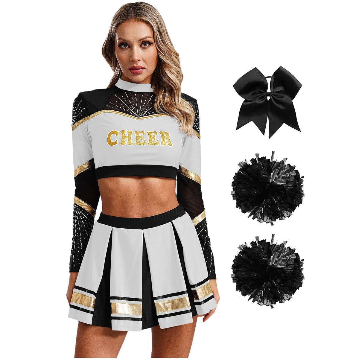 Cosplaykostuum voor cheerleaderoptredens voor vrouwen, crop-top met lange mouwen en geplooide rok met pompons 2026