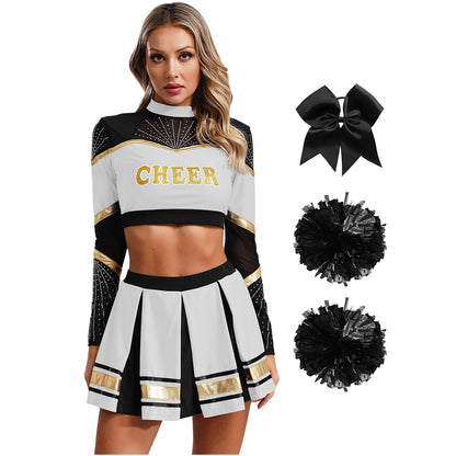 Cosplaykostuum voor cheerleaderoptredens voor vrouwen, crop-top met lange mouwen en geplooide rok met pompons 2026