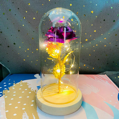 Rosa Galassia in Oro 24K con Luci LED – Scatola Regalo per la Festa della Mamma Fiore in Alluminio con Luci a Stringa e Scatola Fiore Artificiale Regalo