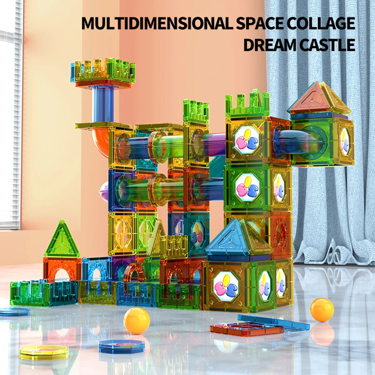 3D Magnetic Building Tiles for Kids - Clear STEM Educational Toys, Creative Marble Run Blocks Set