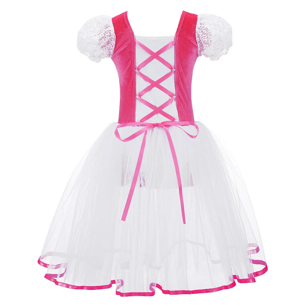 Åndbar pige ballet tutu kjole – fløjlsliv, tylskørt, korte pufærmer, til danseklasse