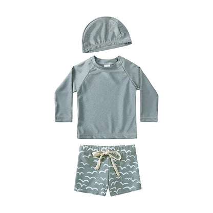 Breathable Kids Rash Guard Swim Set – Long-Sleeve Top, Swim Pants, Hat, Polyester Elastane, Beach Vacation