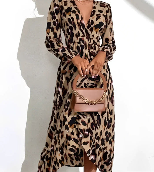V-Neck A-Line Long Sleeve Midi Dress with Leopard Print for Women, Stylish Casual Cotton Blend-1