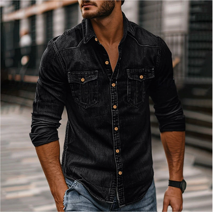 Variant image for Classic Men's Shirt with Chest Pockets, Structured Fit, Available in Denim Blue, Dark Blue, Black and Blue-13