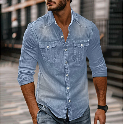 Variant image for Classic Men's Shirt with Chest Pockets, Structured Fit, Available in Denim Blue, Dark Blue, Black and Blue-19