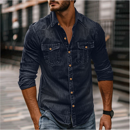 Classic Men's Shirt with Chest Pockets, Structured Fit, Available in Denim Blue, Dark Blue, Black and Blue-2
