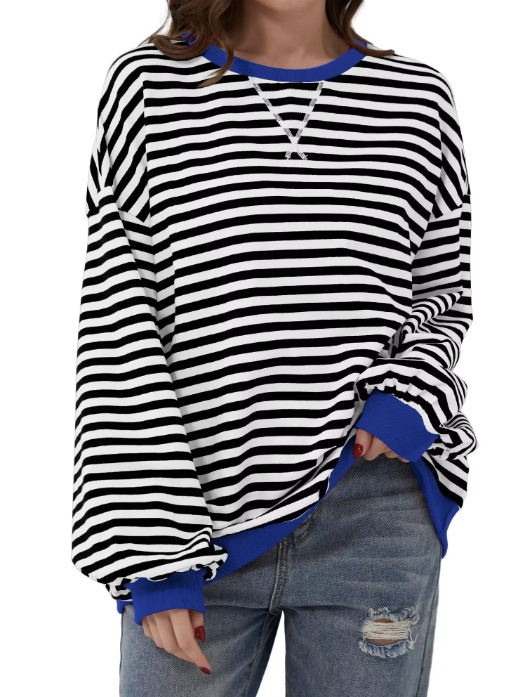Sudadera extragrande para mujer - Casual de algodón a rayas con corte cuadrado