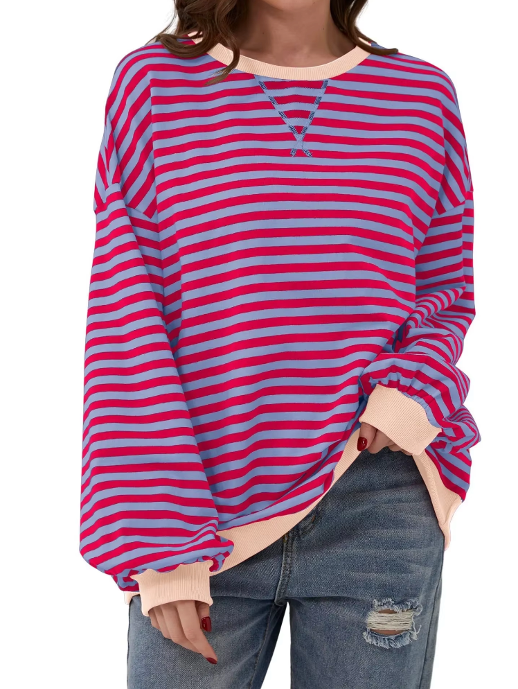 Sudadera extragrande para mujer - Casual de algodón a rayas con corte cuadrado
