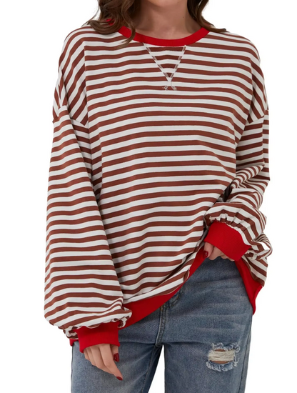 Sudadera extragrande para mujer - Casual de algodón a rayas con corte cuadrado