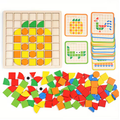 120Pcs Wooden Mosaic Puzzle Toy for Kids - Montessori 3D Geometric Shape Jigsaw Set, Early Education Fun