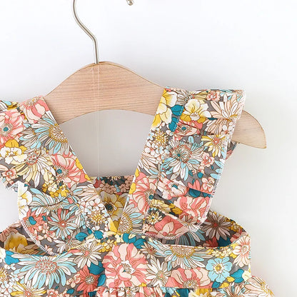 Soft Baby Girl Dress - Classic Floral Flutter Sleeves, Polyester, With Crossbody Bag, For Ages 0-3