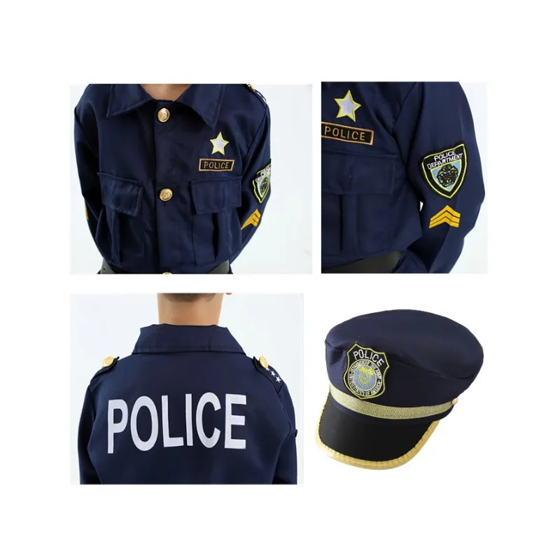 Cosplaykostuumset voor kinderen als politieagent, met jas, broek, pet en accessoires voor Halloweenfeestjes 2026