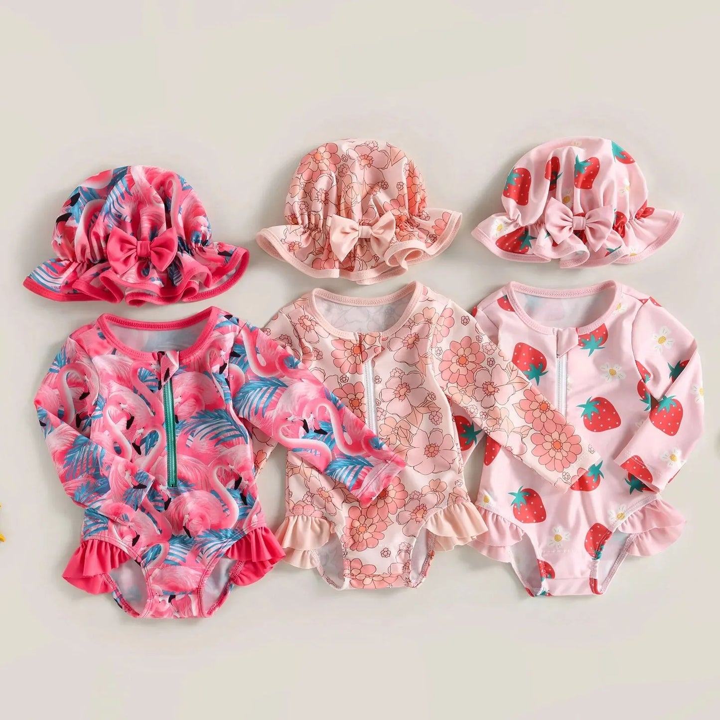 Let spædbarn pige badedragt heldragt – langærmet lynlås, flamingo blomsterprint, polyester, til sommer