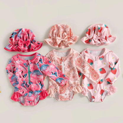 Let spædbarn pige badedragt heldragt – langærmet lynlås, flamingo blomsterprint, polyester, til sommer