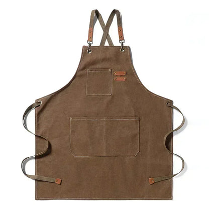 Grembiule da chef in tela con spallacci incrociati, grembiule da lavoro con rifiniture in pelle e tasche Autunno 2025 resistente per barbecue e officina