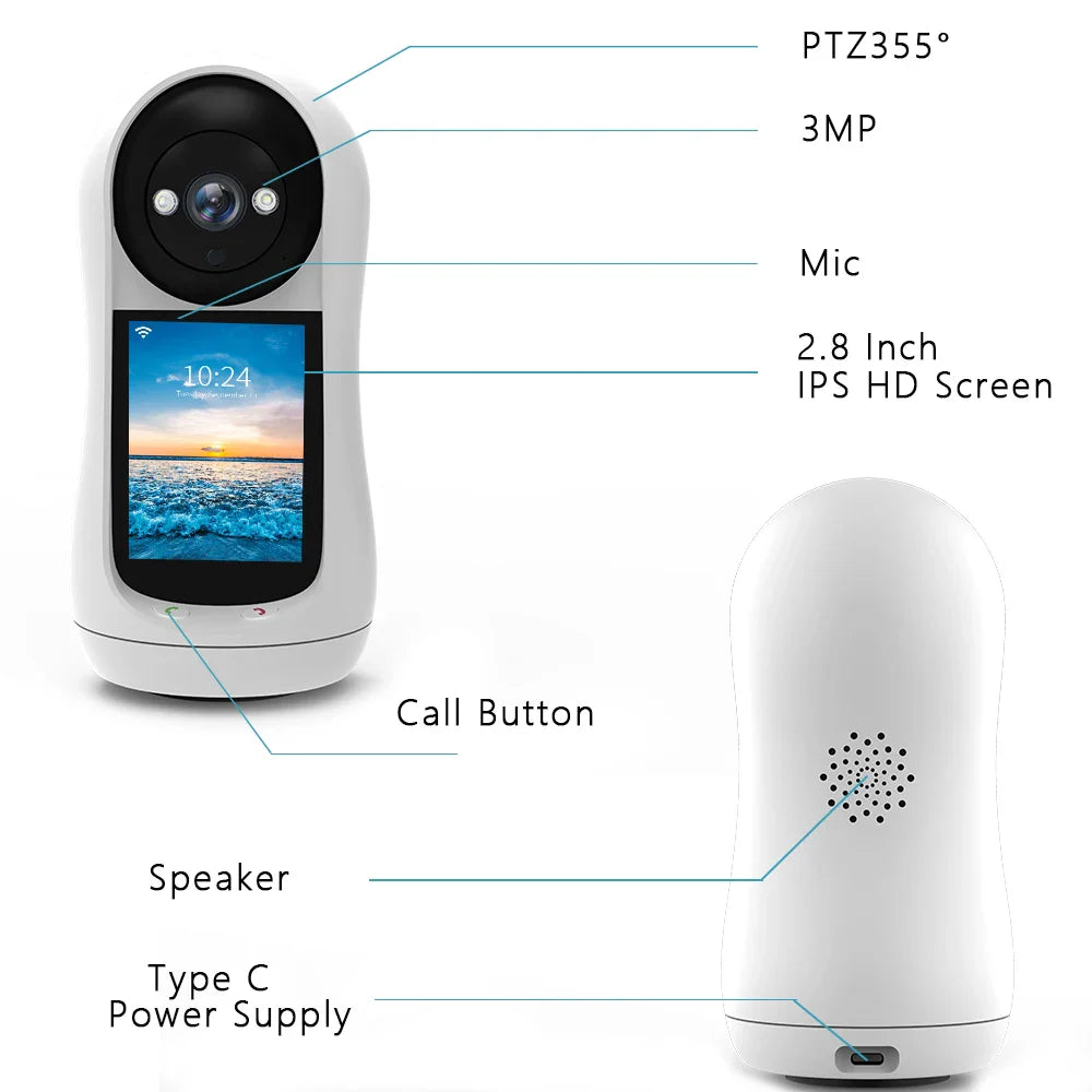 Baby Monitor 3MP PTZ met 2,8 inch IPS-scherm videogesprek babyhuildetectie thuisbeveiliging afstandsbewaking 2025