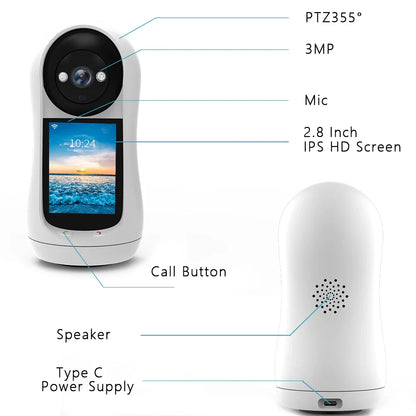 Baby Monitor 3MP PTZ met 2,8 inch IPS-scherm videogesprek babyhuildetectie thuisbeveiliging afstandsbewaking 2025