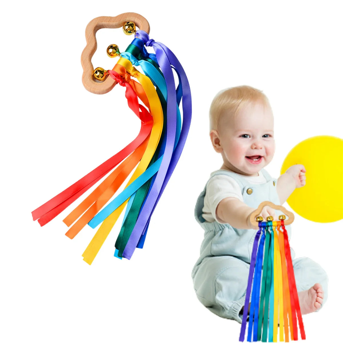Montessori Rainbow Sensory Toy for Newborns and Toddlers - Colorful Ribbons on Hardwood Grasp Toy, Safe and Engaging