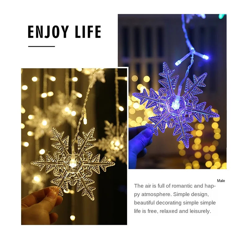 Guirlande lumineuse LED imperméable en forme de flocon de neige - Rideau de fée clignotant pour fêtes de fin d'année, mariages et décorations extérieures - 3,2 m (125,9 pouces)