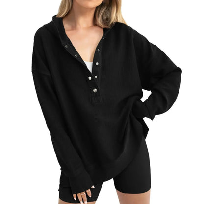 Oversized Women Pullover Hoodie - Snap V-Neck, Ribbed