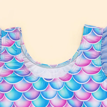 Quick-Dry Durable Girls' One-Piece Swimsuit – Mermaid-Scale Print, Ruffle Sleeves, Tulle, Polyester Elastane, Beach