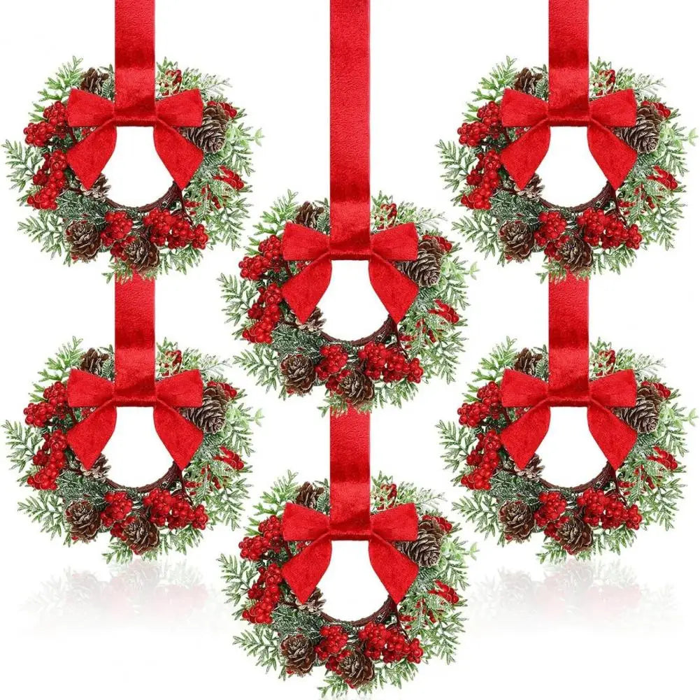 Juego de 6 coronas navideñas mini para gabinete con lazos rojos decoración duradera artificial estilo granja para las fiestas 2025