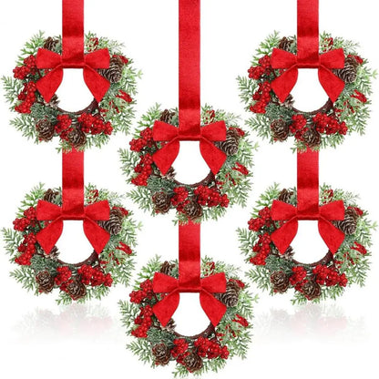 Juego de 6 coronas navideñas mini para gabinete con lazos rojos decoración duradera artificial estilo granja para las fiestas 2025
