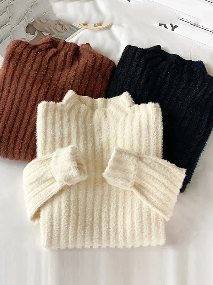 Blød Kvinde Mock Neck Sweater - Tætsiddende Ribstrikket, Strikket, Vinter