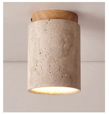 Japandi Travertine Ceiling Light Wood Cap Round Mid Century Lamp