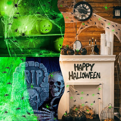 Halloween-fluorescerende spinnenwebben en -raggen die oplichten in het donker, griezelige buitendecoratie 2026
