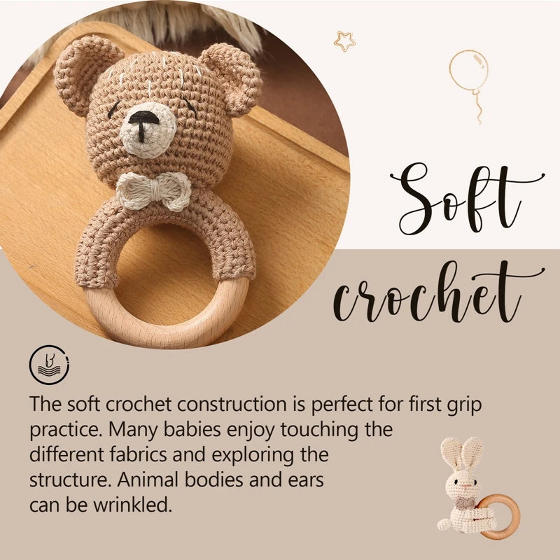 Crochet Bear Teether Rattle Ring Newborn Sensory Toys